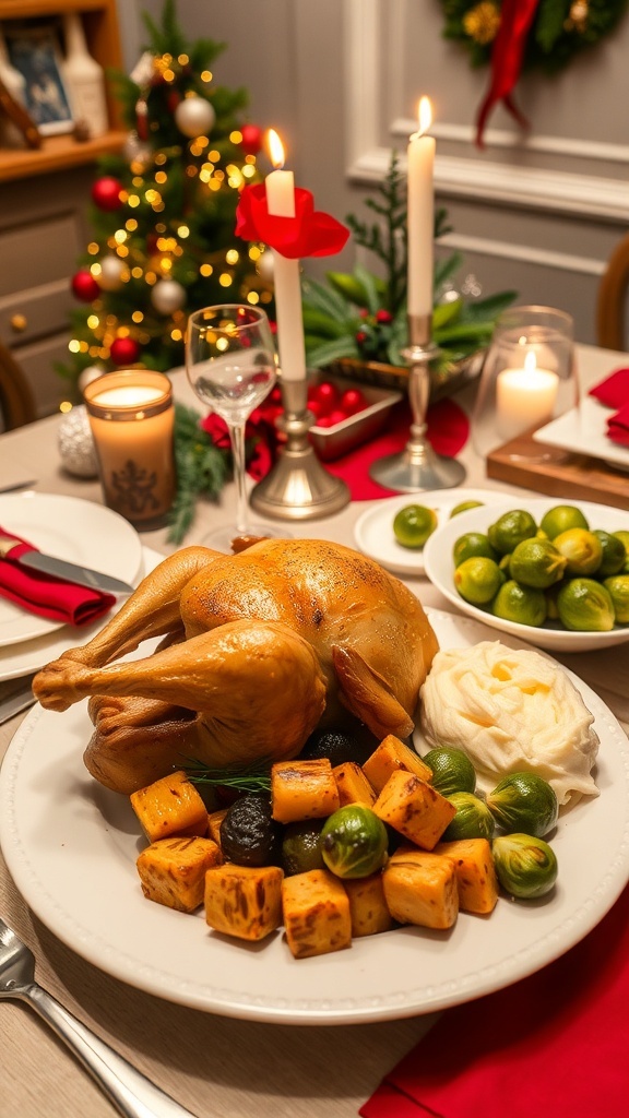 A romantic Christmas dinner setting with roasted chicken, mashed potatoes, and Brussels sprouts on a decorated table.
